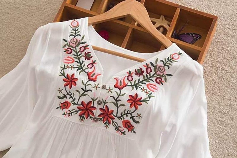 Kafeimali Summer Dress V Neck Mexican Embroidered Peasant Women's Dressy Tops Blouses (White) - Image 4